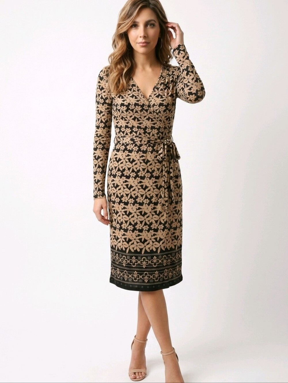 Maxandcleo Wrap-Style Floral Midi Wrap Dress in Black and Tan